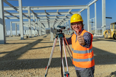 Smiling Construction Worker With Tacheometer Giving Thumb Up at a Construction Site