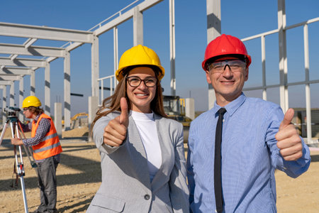 Smiling Female Architect and Mature Businessman With Thumbs Up at a Construction Site