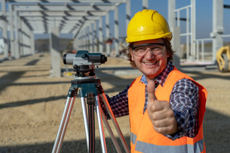 Smiling Construction Worker With Measuring Device Giving Thumb Up at a Construction Site
