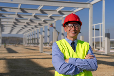 Smiling Mature Businessman in front of Industrial Building Under Construction