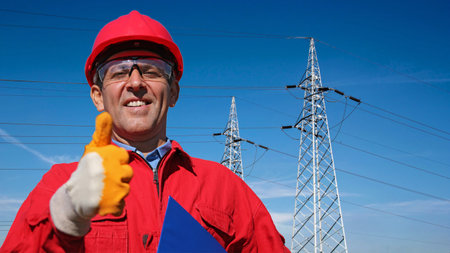 Portrait of Smiling Engineer in Red Hardhat and Coveralls. A Line of High Voltage Electrical...