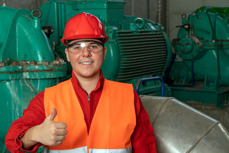 Young Worker in Red Coveralls and Hardhat Standing in Industrial Interior and Giving Thumbs Up....