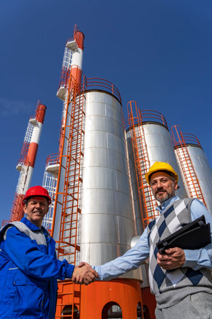Business Person and Worker in Uniform Shaking Hands Against Power Plant Chimneys and Storage Tanks....