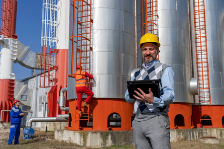 Oil Engineer With Digital Tablet Standing in front of Oil Refinery Storage Tanks. Portrait of...