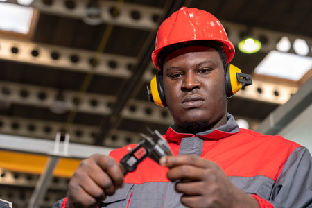 African American In Protective Workwear Checking Measurements With Vernier Caliper. Portrait Of...