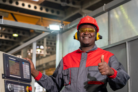 Portrait Of Happy Black Machine Operator In Red Helmet, Safety Goggles, Hearing Protectors And Work...