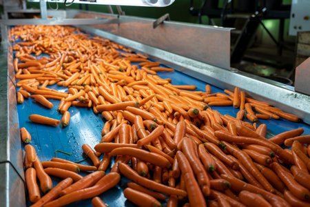 Washed Carrots Moving On Blue Conveyor Belt In Food Processing Plant. Postharvest Handling Of Vegetables and Root Crops.の写真素材
