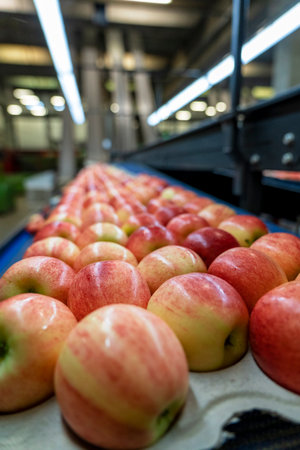 Packing Fresh, Graded Apples In Food Processing Plant. Fresh Apples in Environmentally Friendly Packaging.の写真素材