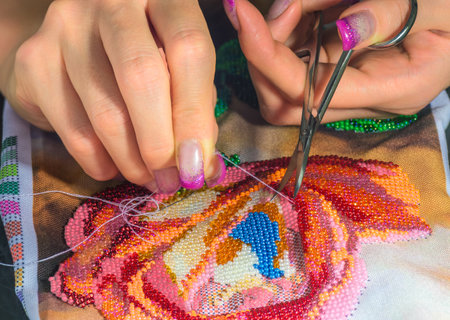 A nice macro of hand seewing.の写真素材