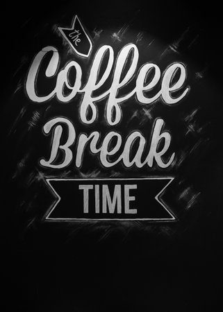 Poster lettering the coffee break time, stylized inscription in chalk on a blackboard.の写真素材