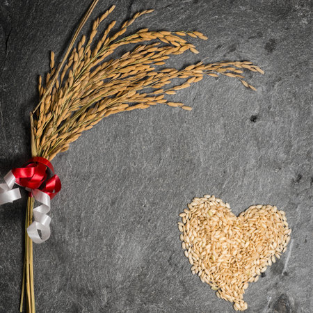 In the picture an ear of wheat and a heart formed by grains of rice on background of  stone.の写真素材