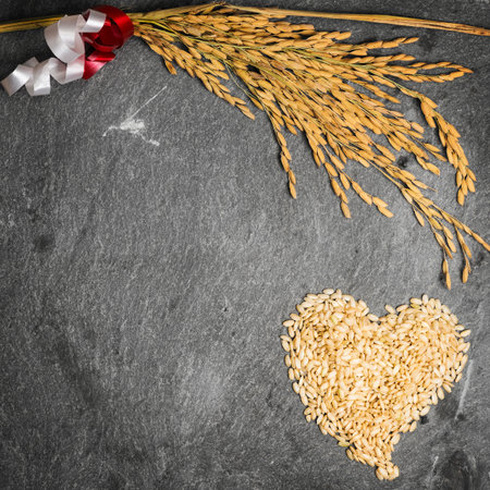 In the picture an ear of wheat and a heart formed by grains of rice on background of  stone.の写真素材