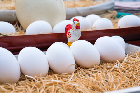 White chicken eggs leaning on straw in wooden basket,close up.の写真素材
