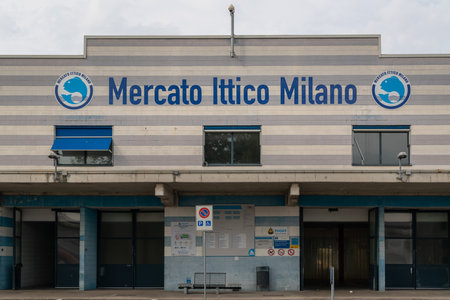 Milan, Italy-09 19 2020: Main entrance of fishes Wholesale Market (Mercato ittico Milano) in Milan during the day.のeditorial素材