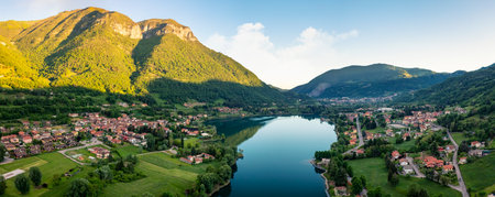 Panorama of Endine Lake, the lake is located near Bergamo in Cavallina Valley, Italy Lombardy.