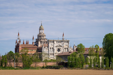 Certosa di Pavia at sunny day, built in the late fourteenth century in the province of Pavia, close up ,Lombardy, Italyの写真素材