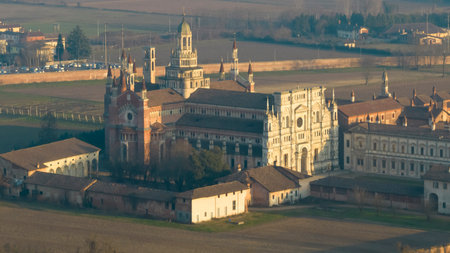 Certosa di Pavia at sunny day, built in the late fourteenth century, courts and the cloister of the monastery and shrine in the province of Pavia, Lombardy, Italyのeditorial素材