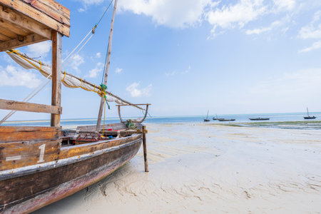 Fishing wooden boats moored on the beach due to low tide at Kendwa village, sunny day,...