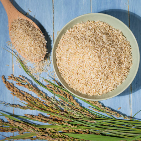 Bowl of brown rice is placed on a blue table next to a spoonful of rice and ears of rice.The bowl is filled with raw rice and the spoon is full.The rice is spread out in the bowl.の写真素材