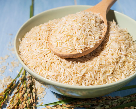 A bowl of brown rice is placed on a blue table next to a spoonful and ears of rice. The raw rice is spread out in the bowl and the spoon is full of raw-rice and sitting on top of itの写真素材