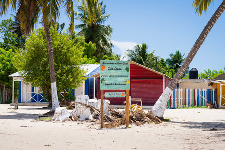 Wooden welcome sign at Mano Juan, Saona Island, Dominican Republic.の写真素材