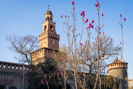 The main tower with clock and red flowers on the right at sunny day, Milan,Italy.の写真素材