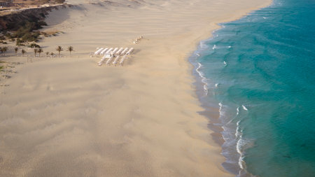 Aerial view of sandy beach, blue ocean and resort at Praia de Chaves (Chaves beach), Boa Vista, Cabo Verde (Cape Verde)の写真素材