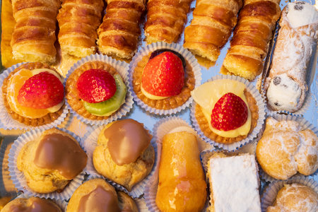 Close view of Italian pastries mix in a tray, christmas and event conceptの写真素材