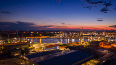 Aerial view showcasing its chemical, petrochemical, and port industries at evening, Ravenna, Italyの写真素材