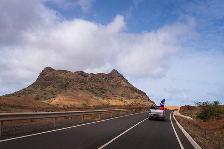 Traveling by Cape Verde desert 4x4 off road ride. Panorama of desert and volcanic mountain...