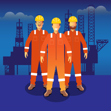 vector illustration for group of man standing in front on offshore its good for  Offshore company oil and gasのイラスト素材