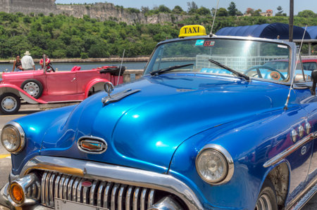 Blue taxi for tourists in Old Havana, Cubaのeditorial素材