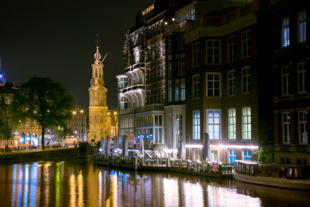 Night view of Munttoren in Amsterdamのeditorial素材