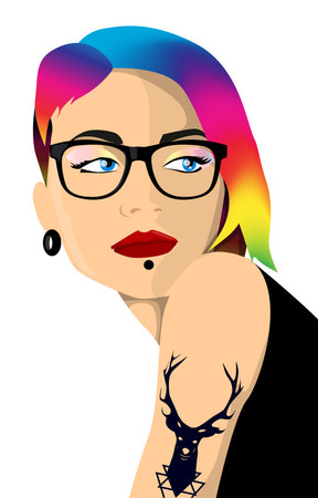 Cartoon hipster girl portrait with colorful hairのイラスト素材