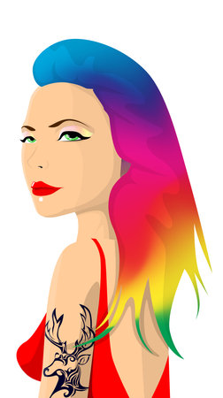 Cartoon hipster girl portrait with colorful hairのイラスト素材
