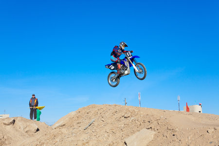 ZARAFSHAN, UZBEKISTAN - October 30: Regional competitions (no name) on motorcycle sport on October 30, 2010 in Zarafshan, Uzbekistan.のeditorial素材
