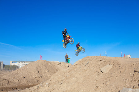 ZARAFSHAN, UZBEKISTAN - October 30: Regional competitions (no name) on motorcycle sport on October 30, 2010 in Zarafshan, Uzbekistan.のeditorial素材