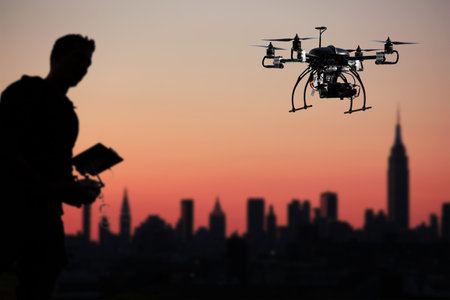 pilot is flying the drone with the camera with sunset backgroundの写真素材