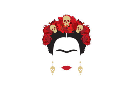 Portrait of modern Mexican woman with skulls and red flower, inspiration Santa Muerte in Mexico and Frida, vector illustration isolatedのイラスト素材