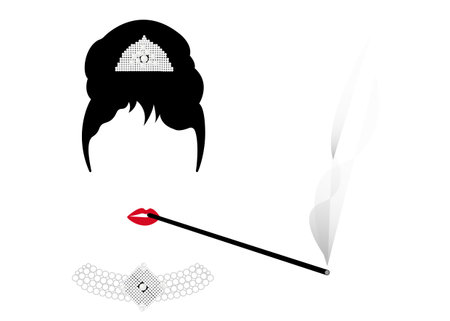 Portrait Retro Woman, Diva with Pearl Jewelry, Minimal Audrey Vector Illustrationのイラスト素材