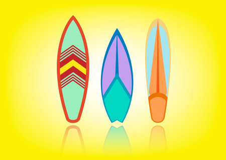 Set surfboard colorful. Sea extreme sport pattern. Vector illustration isolated or yellow backgroundのイラスト素材