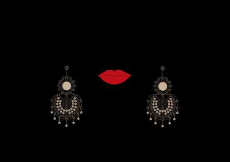 Illustration filigree earrings and red lips isolated on black backgroundのイラスト素材