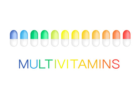 Multivitamin label inspiration, concept concept vitamins pills, vector isolatedのイラスト素材