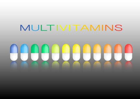 Multivitamin label inspiration, concept concept vitamins pills, vector isolatedのイラスト素材