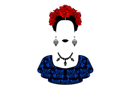 Portrait of young beautiful Mexican woman with a traditional hairstyle. Mexican crafts earrings, red celtic flowers, traditional Mexican Catrina, death's day. Vector isolatedのイラスト素材