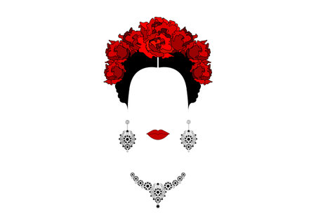 Portrait of Mexican or Spanish woman with crown of red flowers, earrings and necklace, vector isolatedのイラスト素材