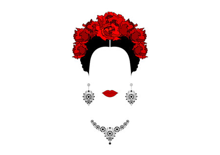 Portrait of Mexican or Spanish woman with crown of red flowers, earrings and necklace, vector isolated