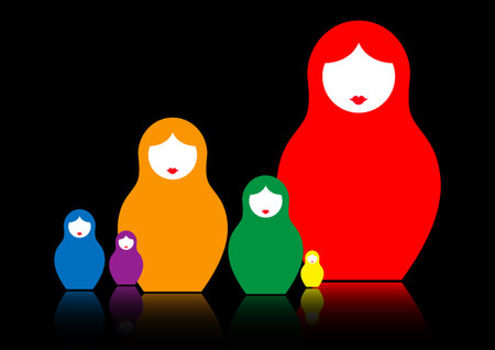 Russian nesting doll matrioshka, set colorful icon symbol of Russia, vector isolated or black backgroundのイラスト素材