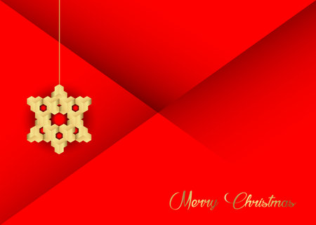 Christmas decoration with stars, wood, gold Merry Christmas, red background, greeting cardのイラスト素材