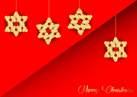 Christmas decoration with stars, wood, gold Merry Christmas, red background, greeting cardのイラスト素材